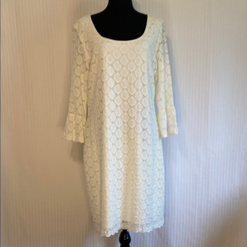 Lace Dress Shift Spring Bridal Balletcore 3/4 Sleeve Ruffle Cream White Lined XL - Picture 3 of 10